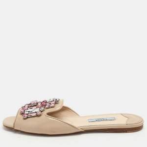 Prada Beige Saffiano Patent Leather Embellished Flat Slides Size 36