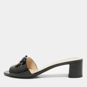 Prada Black Patent Leather Suede Bow Slide Sandals Size 37.5