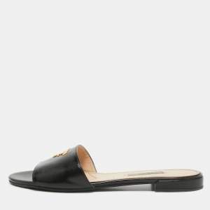 Prada Black Vernice Saffiano Leather Flat Slides Size 38