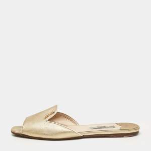 Prada Gold Leather Flat Slides Size 36.5