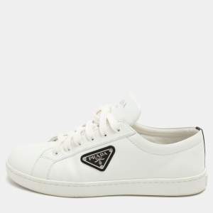 Prada White/Black Leather Logo Low Top Sneakers Size 39.5