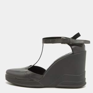 Prada Grey Leather T-Strap Wedge Ankle Strap Pumps Size 40