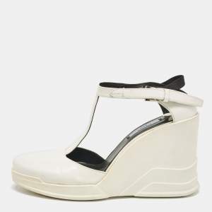 Prada White Leather T-Strap Wedge Sandals Size 40