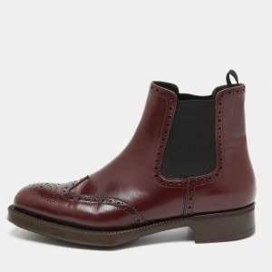 Prada Burgundy Leather Brogue Ankle Length Chelsea Boots Size 38.5