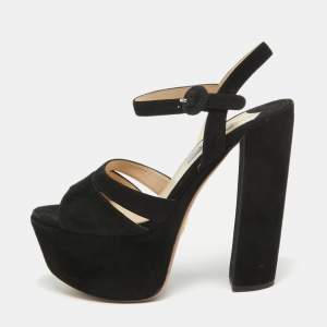 Prada Black Suede Ankle Strap Platform Block Heel Sandals Size 36