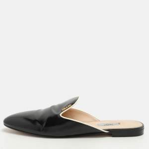 Prada Black Saffiano Patent Leather Mules Size 43