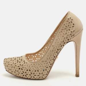Prada Beige Lasercut Leather Platform Pumps Size 37.5
