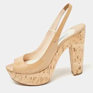 Prada Beige Patent Leather Open Toe Cork Platform Slingback Sandals Size 38
