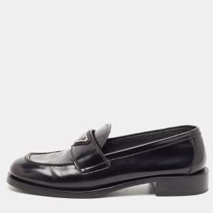 Prada Black Brushed Leather Slip On Loafers Size 38