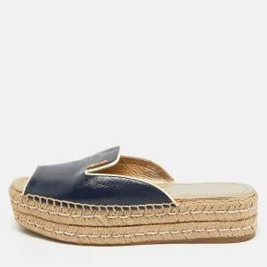 Prada Navy Blue Saffiano Leather Espadrille Platform Slides Size 38.5