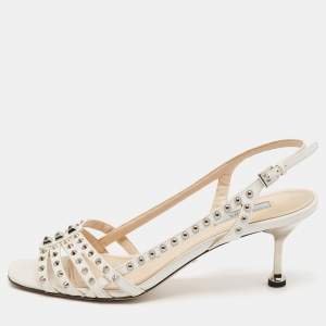 Pre Owned Prada White Leather Studded Slingback Sandals Size 40
