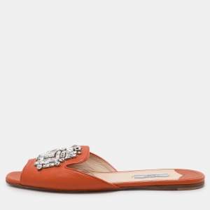 Prada Orange Saffiano Leather Embellished Flat Slides Size 41