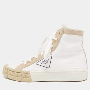 Prada White/Beige Canvas Gabardine High Top Sneakers Size 40