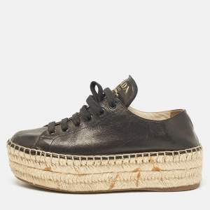 Prada Black Leather Espadrille Platform Lace Up Sneakers Size 36