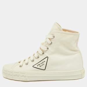 Prada Off White Canvas Gabardine High Top Sneakers Size 40