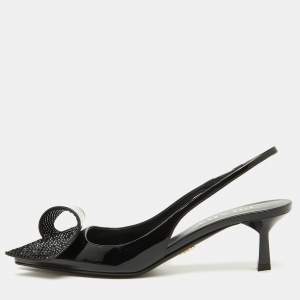 Prada Black Patent Leather Crystal Embellished Slingback Pumps Size 37