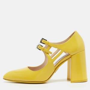 Prada Yellow Leather Mary Jane Block Heel Pumps Size 34