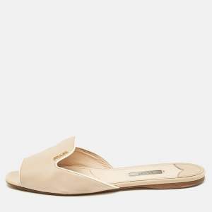 Prada Beige Patent Leather Peep Toe Flat Mules Size 42