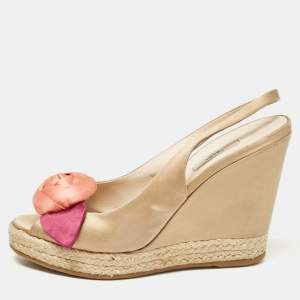 Prada Gold Beige Satin Embellished Slingback Wedge Sandals  Size 37