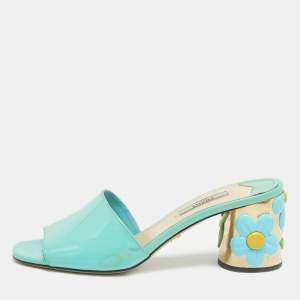 Prada Blue Patent Leather Floral Print Slide Sandals Size 37