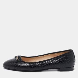 Prada Black Croc Embossed Leather Bow Ballet Flats Size 36.5