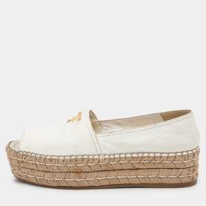 Prada White Leather Open Toe Platform Espadrille Flats Size 40