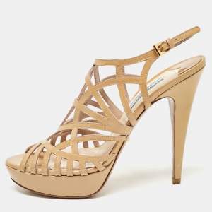 Prada Beige Patent Leather Caged Platform Sandals Size 38.5