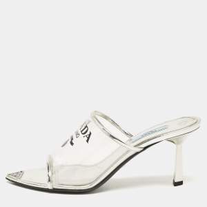 Prada Silver Leather and Logo Print PVC Plexiglas Slide Sandals Size 37.5