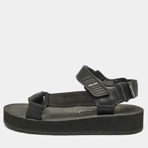Prada Black Leather and Canvas Tape Strap Flat Sandals Size 38