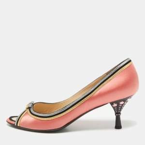 Prada Multicolor Leather and Satin Peep Toe Pumps Size 41