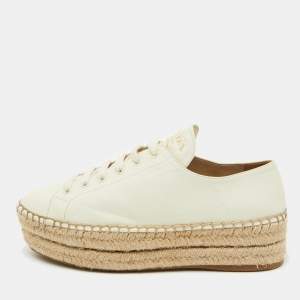 Prada White Leather Platform Espadrille Lace Up Sneakers Size 38