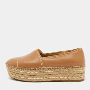 Prada Beige Leather Platform Espadrille Flats Size 37.5
