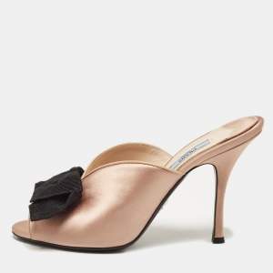 Prada Dusty Pink/Black Satin and Grosgrain Bow Peep Toe Mules Size 39