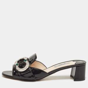 Prada Black Patent Leather Crystal Embellished Slide Sandals Size 38.5