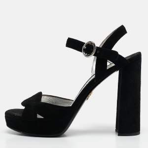 Prada Black Suede Ankle Strap Platform Block Heel Sandals Size 37.5