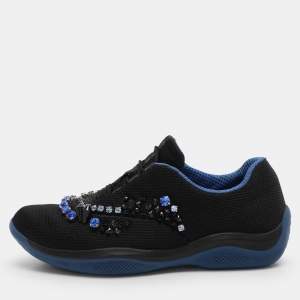 Prada Black Mesh Crystal Embellished Slip On Sneakers Size 36