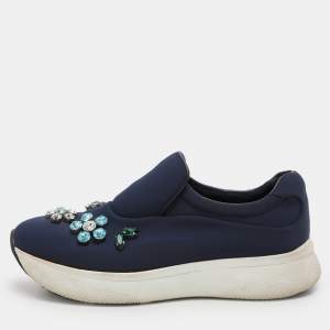 Prada Blue Nylon Catch Me If You Can Crystal Embellished Slip On Sneakers Size 35.5