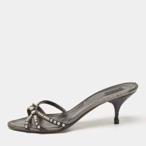 Prada Metallic Leather Crystal Embellished Slide Sandals Size 39.5