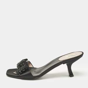 Prada Black Satin Bow Embellished Slide Sandals Size 36.5