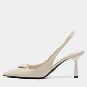 Prada Cream Patent Leather Logo Pointed Toe Slingback Pumps Size 36