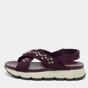 Prada Purple Fabric and Leather Crystals Cross Strap Flats Size 40.5