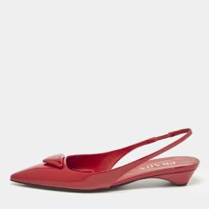 Prada Red Patent Leather Triangle Logo Slingback Ballet Flats Size 38
