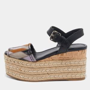 Prada Multicolor Leather and Suede Cork Espadrille Platform Ankle Strap Sandals Size 36