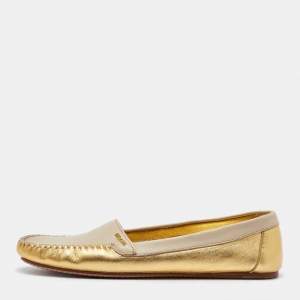 Prada Cream/Gold Leather Slip On Loafers Size 36.5