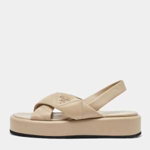 Prada Beige Quilted Leather Slingback Platform Sandals Size 39.5