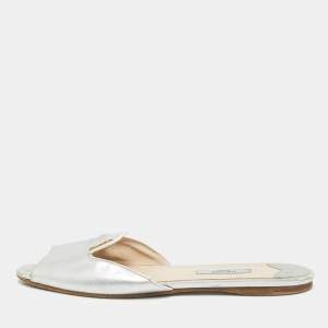 Prada Silver Saffiano Leather Slide Flats Size 38.5