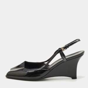 Prada Black Patent Leather Wedge Slingback Sandals Size 37.5