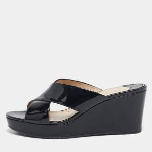Prada Black Patent Leather Criss Cross Wedge Platform Slide Sandals Size 41