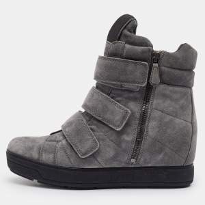 Prada Sport Grey Suede High Top Wedge Sneakers Size 37