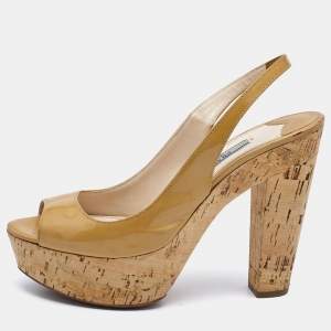 Prada Beige Patent Leather Open Toe Cork Platform Slingback Sandals Size 36.5